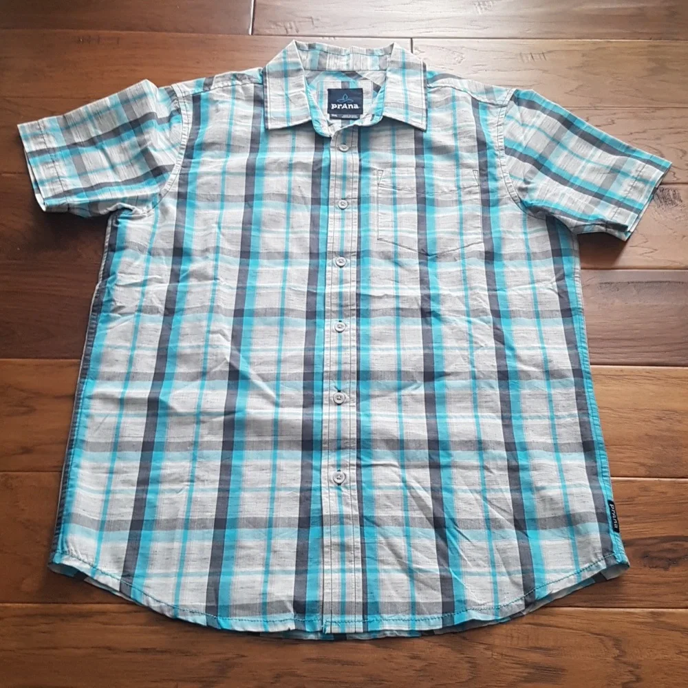 Men's Prana Short Sleeve Blue Plaid Organic Cotton Blend Button Down Size S - Picture 1 of 13